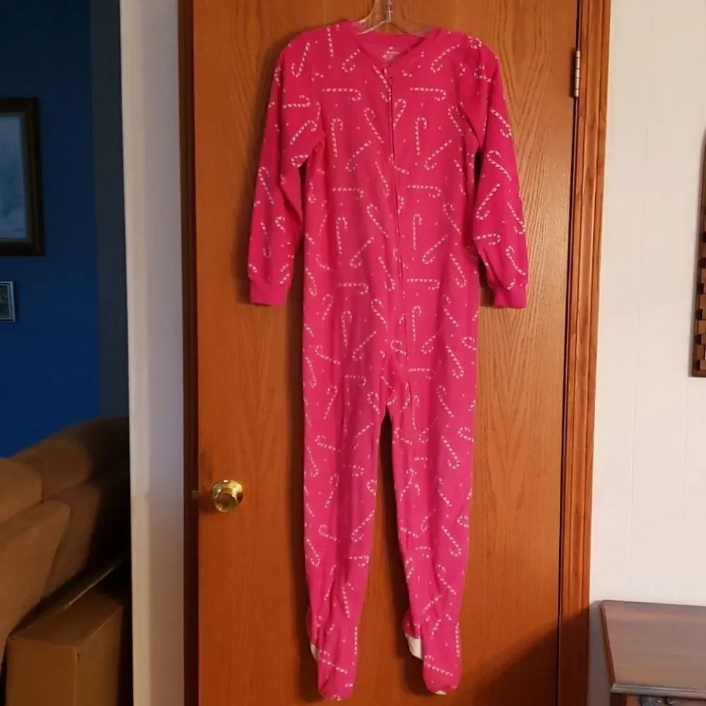 SO 1 Piece Footed Fleece Pajamas Pink Candy Canes